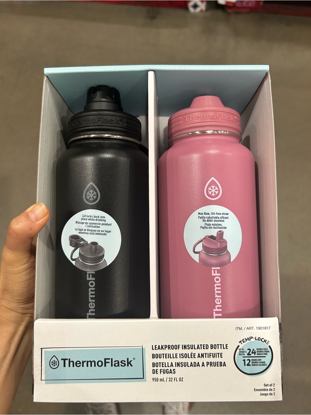 ThermoFlask Leakproof Insulated Water Bottles - Black & Pink Set